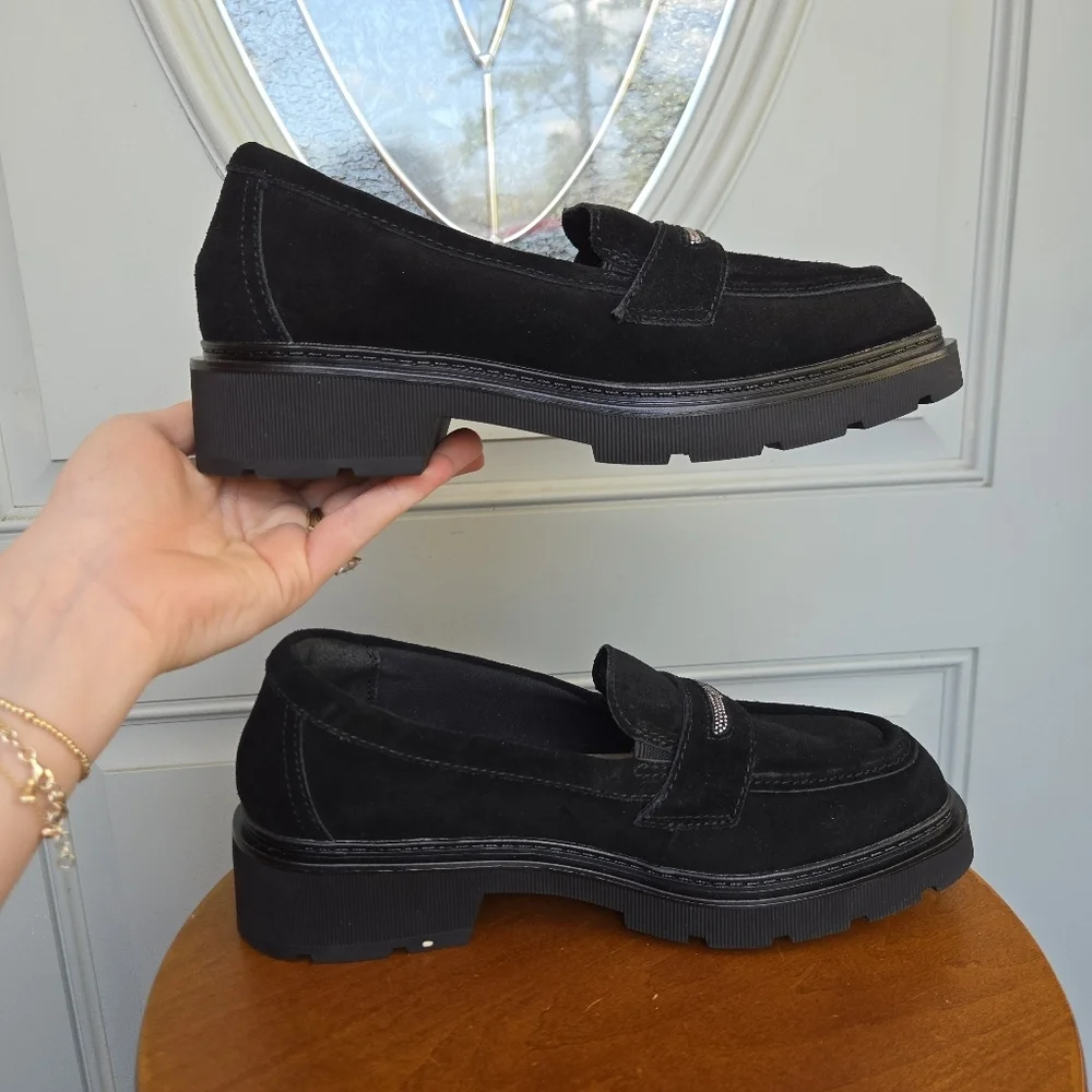 Clarks Lauryl Step Black Suede Platform Loafers